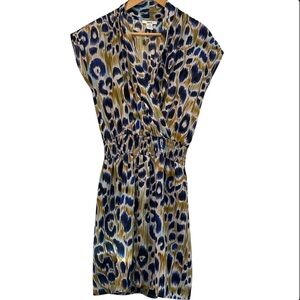 🟤 BAR III BLUE & GOLD V-NECK SLEEVELESS PRINT DRESS SIZE SMALL